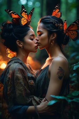 Passionate couple portrait, (man and woman:1.3) in rags, masterpiece, high quality, solo focus, whole body, at a high angle, (perfect face: 1.3) complex (great detail: 1.3) body, closed navel, closed, eyes up, extremely detailed eyes and face, piercing gaze, big eyes, forest in the background, dense forest, butterflies, fireflies, Nikon d850 4 kodak portra 400 camera, f1. 6 lens, rich colors, hyperrealistic texture, dramatic, unreal engine, cinematic lighting,  is trending on Artstation