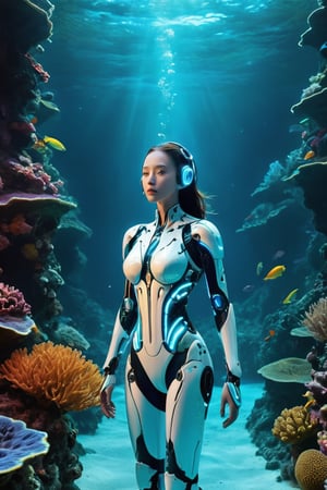 An intriguing underwater photograph featuring a full body potrait of partially organic, partially mechanized beautiful feminine cyborg gracefully swimming among vibrant coral reefs. The cyborg's humanoid form seamlessly blends with her robotic components, which are adorned with intricate details and glowing lights. The water is crystal clear, allowing for the realistic shading and the backlit effect to enhance the depth and contrast. The reef is teeming with life, creating a harmonious blend of technology and nature.,mad-cyberspace,neon style,neon photography style