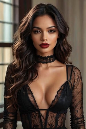 a beautiful American woman wearing white and black sexy revealing mesh clothing, in the style of dark red and dark brown, beautiful women with fit body figure and fair clean detailed skin, chicano-inspired, dark black and dark beige, wavy, dark red and dark bronze, exaggerated features, hyber detailed.