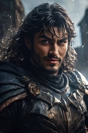 hyperrealistic, a masterpiece live-action movie poster. A breathtakingly realistic image of Gattsu from Berserk rests his hands on his large rune sword, evil grin, spark in the eye, a storm in the horizon, backlight, hybrid batman form, radiating an otherworldly aura. Showcase his chiseled physique, wild hair, and slight evil smile. Utilize advanced techniques to capture subtle lighting, texture, and divine attire details. Exude an atmosphere of awe-inspiring wonder, as if he is about to unleash powerful divine energy. Bring this extraordinary visual to life with 3D rendering and meticulous attention to detail. Set in a whimsical, imaginative, and lively environment, showcase his powerful unexpected tricky move.