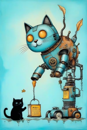 A whimsical art design. Close-up image of a robot hand feed a cat. A blue, worn, rusted in places robotic mechanical arm, with warning labels warning of danger, holds a silver herring by the tail, hanging vertically upside down. A black fluffy cat looks at the fish with big eyes with pleasure. light azure solid background, creative illustration, conceptual art, dadaism