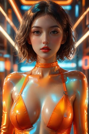 ((masterpiece)), ((best quality)), (((photo Realistic))), (portrait photo), (8k, RAW photo, best quality, masterpiece:1.2), (realistic, photo-realistic:1.3), ultra-detailed. A sexy woman is standing in front of orange light, wearing glossy transparent plastic futuristic clothes with eco friendly few material bold design, hollow cut one piece swimsuit, sharp focus, complex, highly detailed, short hair, cinematic, neon lights, candid, true colors, creative, innocent, perfect, beautiful, elegant, intricate, confident, dynamic, volumetric lighting, cinematic angle, glamour lighting vibrant,Sexy