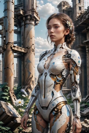 ((masterpiece)), ((best quality)), (((photo Realistic))), A mesmerizing ultra-high-definition image of a stunning cyborg young woman in a dreamlike, futuristic world. She gracefully bends down to pick the last remaining white flower amidst the ruins of a post-apocalyptic landscape. The cyborg's sleek, metallic body contrasts beautifully with the vibrant, ethereal flower, symbolizing hope in a desolate environment. The masterful use of light and shadows creates a mesmerizing atmosphere, while the impeccable composition and realistic representation make this a stunning  movie still.