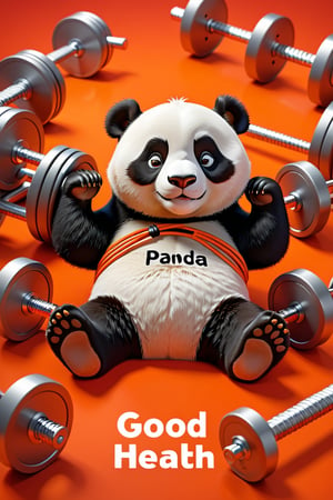 A 3D render of a cartoon style panda lying down on a orange red background with the text "Good for your health"  in bold white Hindi text. The panda is inside a gym, surrounded by gym equipment such as dumbbells , jump ropes, metal racks. The panda is tired and relaxed, emphasizing an exhausted expression. The playful, humorous tone is reinforced by the large text font and the sleepy panda.,3D Render Style