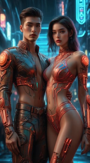 An allring scene of a gorgeous embraced couple. A spectacular cyberpunk-inspired fashion show image, featuring a captivating woman-cyborg in a neon bikini, tenderly cradling a masculine brunette handsome man-cyborg. The woman's mesmerizing, neon rainbow tattoo is adorned with glowing hieroglyphic patterns, while the atmosphere is filled with hyper-realistic, hyper-detailed biomechanical filigree details reminiscent of Jan Saudek's artistic style. The fashion show unveils breathtaking designs, seamlessly blending haute couture, art nouveau embroidery, and steampunk-inspired armor. This unique blend of cinematic, portrait, wildlife photography, painting, illustration, and photo art pays homage to Alexander McQueen's elegance, offering an otherworldly display of beauty and artistry. The image, wildlife photography, vibrant, cinematic, photo, portrait photography, painting, illustration,mad-cyberspace,night city,cyber