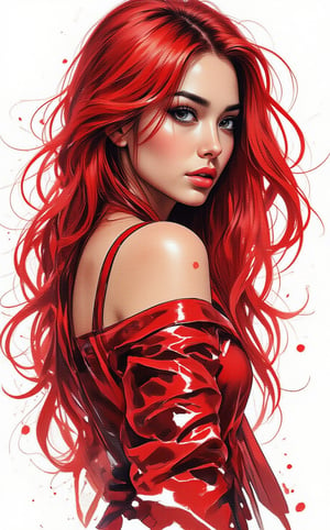 A striking stencil art portrait of a young sexy Asian woman with very long fiery glowing red hair swirling in the wind. She is in a distinctive metallic red dress, featuring a circle pattern and bold stripes. Her intense gaze is directed to the right, lightly downwards, as if contemplating a secret. The stark white background highlights the intricate details of the stencil work, showcasing the artist's skill and precisionm