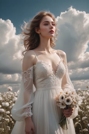 full body:1.2, ((masterpiece)), ((best quality)), (((photo Realistic))), A captivating image featuring an enchanting, ethereal young lustful woman in a breathtaking white wedding dress. She is gracefully floating among fluffy clouds while holding a delicate bouquet of anemones. Her shy, yet radiant smile conveys an air of happiness and mystery, blending elements of cinematic fashion and conceptual art. The soft, marked brushstrokes create a dreamlike atmosphere that envelops the viewer in this magical moment.,cinematic style