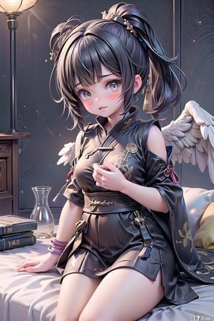 best quality, masterpiece, beautiful and aesthetic, vibrant color, Exquisite details and textures,  Warm tone, ultra realistic illustration,	(cute asian GIRL, 17year old:1.5),	(angel theme:1.4), cute eyes, big eyes,	(a sullen look:1.2),	cinematic lighting, ambient lighting, sidelighting, cinematic shot,	siena natural ratio, anime style, head to toe,	dark red ponytail hairstyle with blunt bangs, naked body, big boobs, sit on couch, ultra hd, realistic, vivid colors, highly detailed, UHD drawing, perfect composition, beautiful detailed intricate insanely detailed octane render trending on artstation, 8k artistic photography, photorealistic concept art, soft natural volumetric cinematic perfect light. 