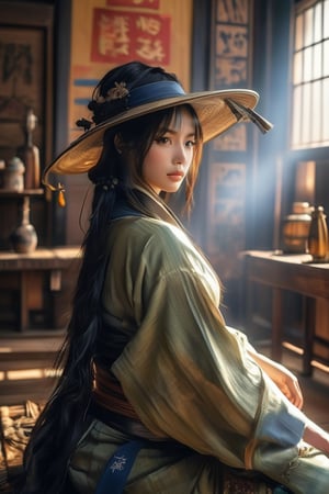 ((masterpiece)), ((best quality)), (((photo Realistic))), (portrait photo), (8k, RAW photo, best quality, masterpiece:1.2), (realistic, photo-realistic:1.3). A mysterious figure, a female sexy ninja, seated on a wooden floor. The figure is wearing a traditional straw hat and is holding a weapon with hiper bioluminence glowing inscriptions. The background is full of ancient historical ambiance. The overall color palette is dominated by dark shades, with hints of blue and green, adding to the mystical aura of the scene.