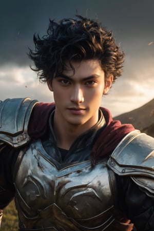 hyperrealistic, a masterpiece live-action movie poster. A breathtakingly realistic image of Gattsu from Berserk rests his hands on his large rune sword, evil grin, spark in the eye, a storm in the horizon, backlight, hybrid Super Saiyan form, radiating an otherworldly aura. Showcase his chiseled physique, wild hair, and beaming smile. Utilize advanced techniques to capture subtle lighting, texture, and divine attire details. Exude an atmosphere of awe-inspiring wonder, as if he is about to unleash powerful divine energy. Bring this extraordinary visual to life with 3D rendering and meticulous attention to detail. Set in a whimsical, imaginative, and lively environment, showcase his powerful unexpected tricky move.