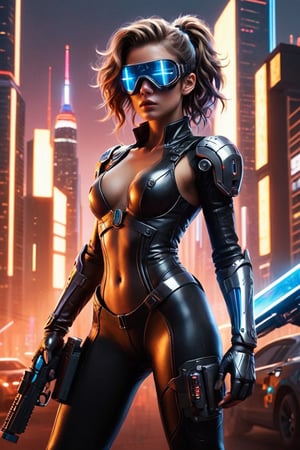 full body:1.2, ((masterpiece)), ((best quality)), (((photo Realistic))), A striking portrait of a young svelte woman standing against a glowing background adorned with futuristic gleaming gadgets. A stunning, ultra-high-definition movie poster for the action-packed film 'Is Gaming'. A fierce female protagonist is front and center, dressed in a tight, black leather outfit, complete with gloves and boots. Her hair is tied back, and she wears a face mask that covers her eyes. She holds a remote control in one hand and a large pistol in the other. The background features a futuristic, neon-lit cityscape with skyscrapers and a holographic advertisement of the game. The overall atmosphere is intense and electrifying., poster,glitter