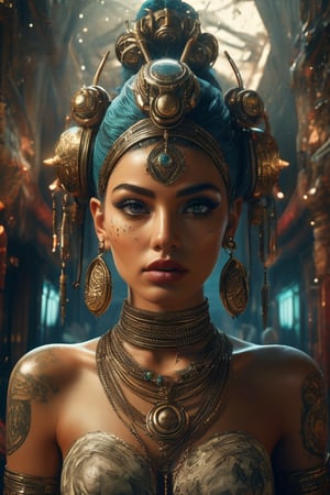 ((masterpiece)), ((best quality)), (((photo Realistic))), (portrait photo), (8k, RAW photo, best quality, masterpiece:1.2), (realistic, photo-realistic:1.3), ultra-detailed. Grungy stunningly 8k,Ultrarealistic,Tattoopunk A striking, photorealistic illustration 1950s sci fi cyber noir-inspired world, . Movie scene masterpiece. Grungy elegant Egyptian goddess on a dais. The giant jinn waits to serve., photo, cinematic, illustration, conceptual art