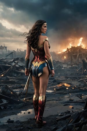 An evocative photo of Wonder Woman from behind, walking into a dimly lit battlefield. Her iconic red, blue, and gold attire is illuminated by a soft front light, contrasting with the dark and ominous environment. A sense of determination and courage fills her posture. In the background, there are remnants of a destroyed landscape, with smoldering ruins and debris. The sky overhead is filled with dark clouds, hinting at an impending storm.