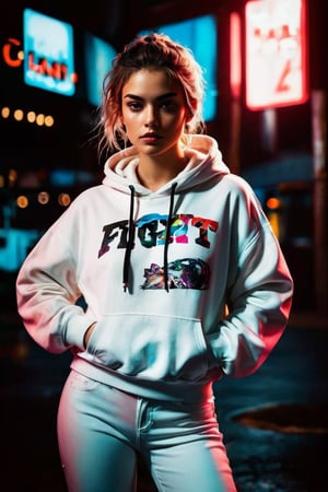 hyperrealistic, best quality, masterpiece, analog film photo, studio lighting. A captivating photo of a young alluring woman dressed in a white hoodie, white jeans, and white sports shoes. She stands boldly against a dark, enigmatic background, creating a sense of mystery. The main focus of the image is a vibrant neon sign in the foreground, reading 'Fight'. The sign is a brilliant gradient of colors, transitioning from red to blue, casting a mesmerizing reflection on the ground. A captivating black ink art piece on a pristine white background features a face formed by bold, spaced-out ink spots. The central focus is a pair of intricately detailed leopard eyes and part of the muzzle, with the white background accentuating the negative space between the spots. The vibrant and bold design demonstrates that simplicity can create a truly mesmerizing visual effect. 