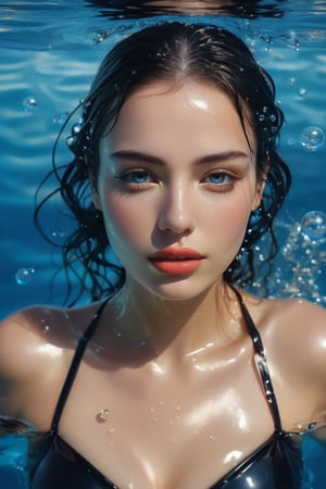 A young woman submerged in water, with her eyes closed and her hands gently placed on her face, wearing glossy black latex bikini. The water's surface creates a rippled effect, reflecting the woman's features. Many little bubbles can be seen around her, and her skin and latex clothing appear to be glistening, possibly due to the water's natural properties or the lighting. The background is a deep shade of blue, emphasizing the serene and tranquil atmosphere of the scene. High dynamic range, vivid, rich details, clear shadows and highlights, realistic, intense, enhanced contrast, highly detailed