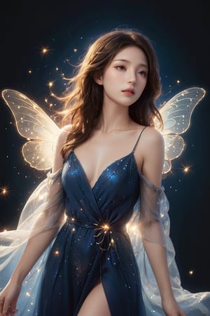 The young alluring woman at dynamic bending pose. A digital masterpiece image, featuring a woman in a deep blue background, enveloped in a swarm of bright fireflies that illuminate the darkness with flashes of light. With her soft, wavy brown hair, the woman exudes an aura of tranquility and serenity. Her dress appears as an ethereal cloak of light that blends with the glow of the fireflies, while the winged creatures flutter around her, creating a magical and captivating effect. The harmony of deep blue tones and the soft radiance of the fireflies establishes an enchanting atmosphere that captures the audience's attention and imagination.,xxmix_girl