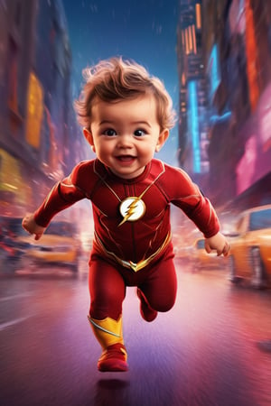 hyperrealistic movie poster. A captivating ultrarealistic movie still of a toddler's perspective, where the world is a vibrant blur of colors and motion. The toddler, beaming with joy, races past the iconic superhero, The Flash, who is seen in mid-sprint and looks surprised, turning his head to see the tiny speedster outpacing him. The toddler's tiny legs are a whirlwind of energy, with arms pumping in determination, while the ground beneath is a streak of vivid hues, emphasizing the incredible speed. The background features a slightly blurred cityscape, enhancing the sense of rapid movement. The expression on The Flash's face adds a touch of humor and amazement to the scene. The artist's initials "PJ" are subtly signed at the bottom in small letters., illustration, vibrant, cinematic