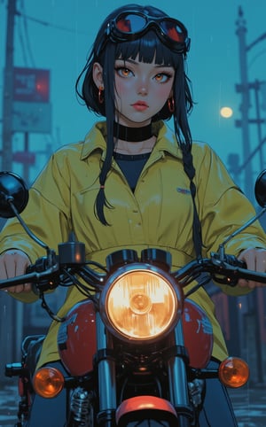 Ghibli studio anime style, Japanese anime style illustration, steampunk style, heavy raining, the endless desolate dry land is foggy, a cyan moon in the distance, a young girl riding a Honda CB125 from the 1970s, she is looking for something, details face, goggles, wet transparent low cut raincoat, low angle view shot, sunny rain lighting, perfect face, lightly sparkles smoke background, volumetric fog, Hyperrealism, cinematic lighting, highly detailed, breathtaking, 8k uhd