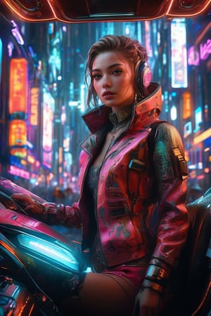 ((masterpiece)), ((best quality)), (((photo Realistic))), (portrait photo), (8k, RAW photo, best quality, masterpiece:1.2), (realistic, photo-realistic:1.3). The female cyberpunk passenger, dressed in a stylish, form-fitting outfit with high-tech elements and cyber art accents, sits confidently in the flying cab. Gravitaxi, the flying taxi, soared through a neon-lit cyberpunk cityscape. The background reveals a daring and vibrant cityscape, with towering skyscrapers and a dark, mysterious atmosphere. Holographic advertisements add to the futuristic, immersive setting, creating an overall ambiance that perfectly encapsulates the essence of a cyberpunk world. Masterpiece movie poster.