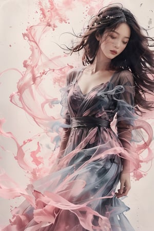 A captivating minimalist portrait of a woman, her wavy figure artfully crafted from delicate smoke in a soft pink hue. The smoke sculpture flows with a dreamy, delicate movement, capturing a fleeting moment of time. The crisp, clear lines and simplicity of the design enhance the elegance and beauty of this surreal, dreamy image.