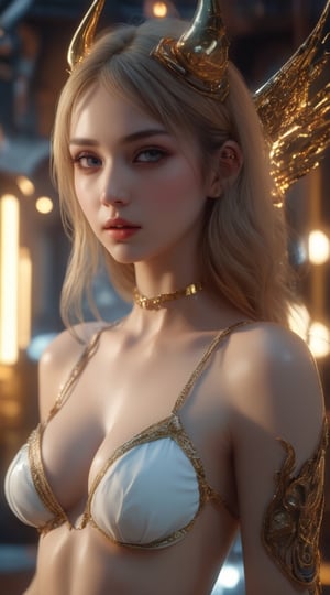An exquisite 8K resolution image of a captivating sexy young girl. An amazing creature, incredibly cute appearance with a hellishly evil soul, in the style of good and evil, demonangel stripcore, white and gold, luminosity of background, fallingcore, hyper realistic and hyper detailed, stunning composition, hyper emotional, epic cinematic lighting, 32k UHD resolution, made by daz3d