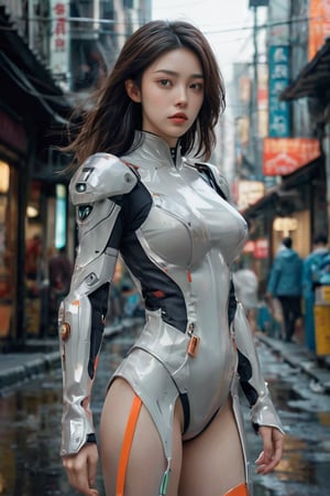 hyperrealistic, a masterpiece shot, (((gorgeous young woman))), full body lean forward, Gumiho, ((masterpiece)), ((best quality)), (((photo Realistic))), extremely detailed cg 8k wallpaper, Japanese female android in dystopian hybrid futuristic attire on a desolate street, beautiful eyes, slight smiling, space tech suit, overcast, a gigantic floating alien beast head in the ruins background, cinematic, 32k.