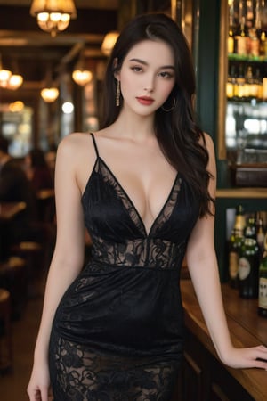 A full body picture of a beautiful elegant fair skinned girl, with a curvy voluptuous body, having voluptuous bosom. She has long straight black hair which reaches her upper waist. She has a delicate, feminine face with smooth, fair pale skin. She's wearing an elegant mesh revealing body-hugging dress with a V-neckline. She's showing off an ample cleavage, but not too much, just enough to be elegant. She's wearing a pendant which reaches her cleavage and enhances it. The background is of a pub or a club. It's night. The background is slightly blurred. 