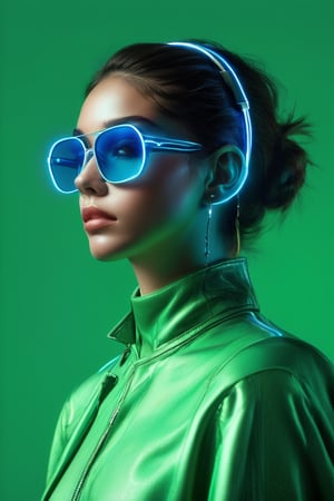 ((masterpiece)), ((best quality)), (((photo Realistic))), (8k, RAW photo, best quality, masterpiece:1.2), (minimalist). A captivating side profile portrait of a young fashionable woman, predominantly using electric blue and neon green hues. The subject dons futuristic, angular sunglasses with reflective green lenses, which perfectly complement the vibrant green background. Their sleek headphones, featuring alternating blue and green stripes, rest comfortably over their ears. The subject's skin is accentuated with bold, contrasting blue and green tones, emphasizing their sharp facial features, neck, and shoulder. The composition is framed by a large, luminous green circle, creating a striking visual contrast between the subject and the vivid backdrop.