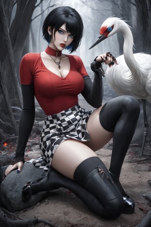 A captivating and unique illustration of a buxom woman with short black hair and a blue eye, posing seductively with a knee on the ground. She wears a short black-and-white checkered skirt with a thigh-high slit, a deep-neck red top, and numerous gothic accessories. The woman holds a crane in her hand, which adds an intriguing touch to the scene. The background is clean and white, allowing the focus to be on the character's striking appearance and pose. Her style and vibe resemble Cassie Hack, a popular character from the comic series 'Hack/Slash'.,fire element