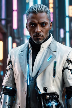 ((masterpiece)), ((best quality)), (((photo Realistic))), (portrait photo), (8k, RAW photo, best quality, masterpiece:1.2), (realistic, photo-realistic:1.3). A striking image of a cyberpunk protagonist, a black man with grey hair and robotic eyes, dressed in a sharp suit. His cybernetic eyes emit a cool blue light that contrasts with the dimly lit, neon-lit cityscape. Hovering vehicles and futuristic architecture fill the background, while a holographic 'Hal Cinah' signature is subtly integrated into the scene, hovering above his head. The overall atmosphere is bold, futuristic, and slightly dystopian.,digitalste,cyberpunk,Cyberpunk Doctor