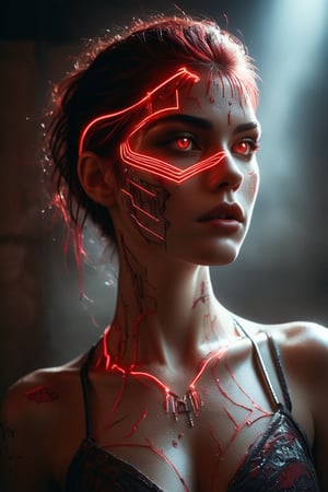 A striking portrait photograph. In the heart of urban decay, neon graffiti splashes across crumbling walls, casting an eerie glow. A figure emerges from the shadows, their face illuminated by intense, glowing red eyes. Futuristic symbols dance across their rugged skin, mingling with tribal face paint. A metal headband, inscribed with cryptic red text, crowns their dark hair, adorned with metallic and red beaded ornaments. Layers of mechanical necklaces clink softly as they move.