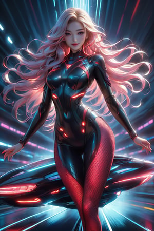 A young alluring smile woman. A highly detailed and intricate futuristic scene where a female figure with long, flowing hair stands atop a sleek, hovering vehicle. She wears a black outfit with neon red fishnet stockings. The vehicle beneath her emits a bright glow, and it appears to be speeding on a track filled with vibrant light streaks. The background is dark, with hints of a stormy sky, and the overall ambiance is one of high-speed action and advanced technology., cinematic, fashion,style
