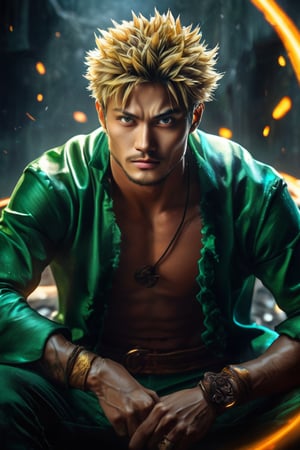 hyperrealistic, a masterpiece live-action movie poster. A breathtakingly realistic image of zoro from One Piece in his Super Saiyan form, radiating an otherworldly aura. Showcase his chiseled physique, wild hair, and beaming smile. Utilize advanced techniques to capture subtle lighting, texture, and divine attire details. Exude an atmosphere of awe-inspiring wonder, as if he is about to unleash powerful divine energy. Bring this extraordinary visual to life with 3D rendering and meticulous attention to detail. Set in a whimsical, imaginative, and lively environment, showcase his powerful unexpected tricky move.