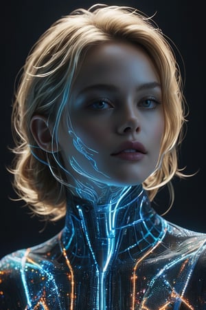 smokes, sparkles, complex 3d render, ultra detailed absurdres, highres, 8k, CG, wallpaper, (realistic, photo-realistic:1.3),Amazing, finely detailed, best quality, bokeh, depth of field. An ultrarealistic, futuristic portrait of Vanessa Paradis, where half of her body is meticulously rendered in neon blue wireframe. Her human side captures her enchanting eyes, delicate features, and flowing blonde hair, while the wireframe side intricately maps out her form with glowing lines and pulsating nodes. The outfit she wears is chic and modern, seamlessly integrating with the wireframe structure for a truly captivating look. The background blends natural and digital elements, creating a harmonious fusion of organic and technological beauty. The artists' initials, "PJ," are discreetly signed at the bottom.