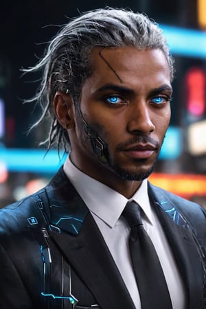 ((masterpiece)), ((best quality)), (((photo Realistic))), (portrait photo), (8k, RAW photo, best quality, masterpiece:1.2), (realistic, photo-realistic:1.3). A striking image of a cyberpunk protagonist, a black man with grey hair and robotic eyes, dressed in a sharp suit. His cybernetic eyes emit a cool blue light that contrasts with the dimly lit, neon-lit cityscape. Hovering vehicles and futuristic architecture fill the background, while a holographic 'Hal Cinah' signature is subtly integrated into the scene, hovering above his head. The overall atmosphere is bold, futuristic, and slightly dystopian.