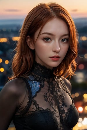 ((masterpiece)), ((best quality)), (((photo Realistic))), (portrait photo), (8k, RAW photo, best quality, masterpiece:1.2), (realistic, photo-realistic:1.3). An attractive young alluring ginger woman. She is wearing a tight black lace bodysuit. She is The photo is taken with a high-resolution camera. The scenic background includes city lights, 8k, ultra-detailed, sharp focus, 8k, high definition, insanely detailed, intricate:1.1) The scene is vibrant and busy, focusing on women's activity and clothing.