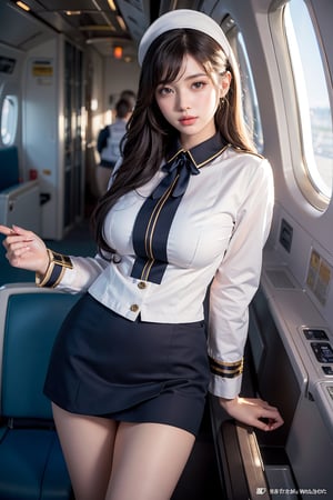 (masterpiece, top quality, best quality, official art, beautiful and aesthetic:1.4), hdr, high contrast, wideshot, 1girl, bun black hair with bangs, light smile, clearly brown eyes, soft lightly make up, ombre lips, hourglass body, large breast, (stewardess theme:1.5), finger detailed, background detailed, ambient lighting, extreme detailed, cinematic shot, realistic ilustration, (soothing tones:1.3), (hyperdetailed:1.2), crop skirt, very seductive uniform, curvy pose, lean forthward
