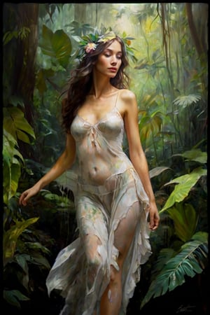 hybrid realistic painting and vintage lithograph style, oil on canvas, impressionist tendencies, delicate painting of a beautiful gypsum woman in an ethereal rainforest, torn revealing clothing, expressive delicate thin brushstrokes, full-body, in the style of fantasy art