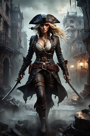 A stunning, high-definition photo featuring a beautiful young woman, a dynamic action curvy figure. A hauntingly beautiful conceptual art piece featuring a fierce blonde pirate girl emerging from an ancient sewer grate. She is dressed in a ragged, tattered outfit with a worn leather hat and wields a rusty cutlass. Her fierce eyes pierce through the darkness, while her wild, untamed hair whips around in the wind. The background reveals a dimly-lit, gloomy cityscape with eerie gaslights casting a sinister glow on the crumbling buildings. This dark fantasy illustration exudes a mysterious atmosphere, showcasing the strength and determination of the pirate girl amidst the decaying city, dark fantasy, illustration, photo, conceptual art