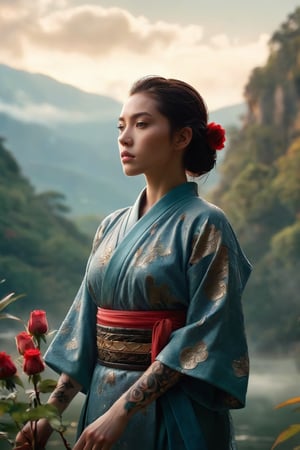 Aqua, a stunning young woman, stands confidently against a warmly lit background. A captivating cinematic portrait of a female warrior in a serene landscape, with misty mountains in the background. She stands tall in a traditional kimono, adorned with intricate tattoos covering her upper body. Her sword with a golden hilt is held confidently in her hand, while a skull and a single red rose lie beside her. The tranquil garden setting features a calm body of water and lush greenery, creating an atmosphere of both beauty and mystery. The conceptual art piece showcases a powerful and enigmatic figure in a harmonious yet haunting environment., conceptual art, portrait photography, photo, cinematic, 