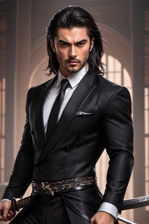 ((masterpiece)), ((best quality)), (((photo Realistic))), (portrait photo), (8k, RAW photo, best quality, masterpiece:1.2), (realistic, photo-realistic:1.3). A striking 8k portrait of a gorgeous handsome man in a black suit, showcasing his toned body and long, dark hair. He has dark, intense eyes and is clean-shaven, with no beard. The man wields a long gleaming katana at dynamic jumping action pose and is adorned in intricate, maximalist attire. The background is a blend of dark and light tones, with a nod to anime-inspired elements. This stunning artwork is trending on ArtStation and is a masterpiece by the talented artist, Artgerm.,Movie Still