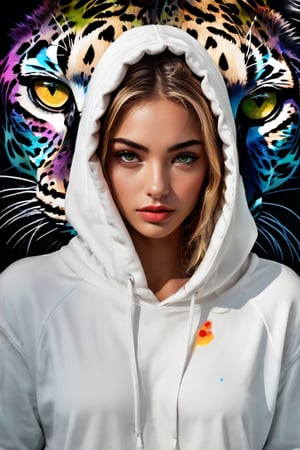 A captivating photo of a young alluring woman dressed in a white hoodie, white jeans, and white sports shoes. She stands boldly against a dark, enigmatic background, creating a sense of mystery. A captivating neon ink art piece of a leopard face on a pristine white background features a face formed by bold, spaced-out ink spots. The central focus is a pair of intricately detailed leopard eyes and part of the muzzle, with the white background accentuating the negative space between the spots. The vibrant and bold design demonstrates that simplicity can create a truly mesmerizing visual effect. 