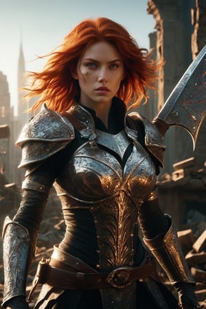 ((masterpiece)), ((best quality)), (((photo Realistic))), (seductive:1.3), Epic live-action movie still. A breathtaking high-resolution full body portrait of a powerful female fighter, chopping a titan amidst the ruins of a fallen city. The dynamic low-angle view focuses on the glowing colossal battle-axe breaking the screen of the viewer. The remnants of skyscrapers surround her, a somber reminder of the battles she has fought and won. Her armor, a stunning combination of blackened steel and scarlet accents, clings to her muscular form like a second skin, each plate a symbol of her unyielding strength. Her gauntlets, adorned with razor-sharp claws, bear the stains of past victories. Her fiery red hair dances wildly in the relentless wind, framing her weathered and determined face, where her blazing green eyes burn with an unquenchable fire. In her grasp, she holds a colossal battle-axe, its gleaming blade radiating a deadly light. ,glitter,xxmix_girl