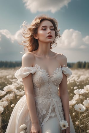 full body:1.2, ((masterpiece)), ((best quality)), (((photo Realistic))), A captivating image featuring an enchanting, ethereal young alluring woman in a breathtaking white wedding dress. She is gracefully floating among fluffy clouds while holding a delicate bouquet of anemones. Her shy, yet radiant smile conveys an air of happiness and mystery, blending elements of cinematic fashion and conceptual art. The soft, marked brushstrokes create a dreamlike atmosphere that envelops the viewer in this magical moment.