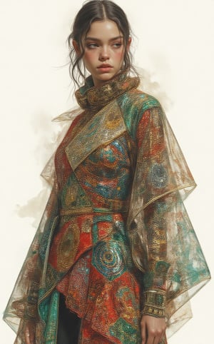 A striking watercolor painting of a young woman wearing an avant-garde dress inspired by Dayak beaded textile motifs from Borneo. The stunning shiny outfit features a modern silhouette that blends and combines traditional elements with contemporary fashion, showcasing bold geometric patterns and vibrant colors drawn from the rich Dayak textile heritage. The outfit consists of a flowing, asymmetrical dress that cascades elegantly, adorned with intricate beadwork and embroidery that reflect the natural motifs of the Dayak culture, such as spirals, birds, and plants. The bodice of the dress is structured and form-fitting, made of a shimmering fabric that captures light and enhances the vibrant colors of the beads. Layers of translucent materials create depth and movement, with cascading details that mimic the flowing patterns found in traditional Dayak textiles. The color palette is rich and diverse, featuring deep reds, lush greens, and electric blues, interspersed with glimmers of metallic gold and silver.