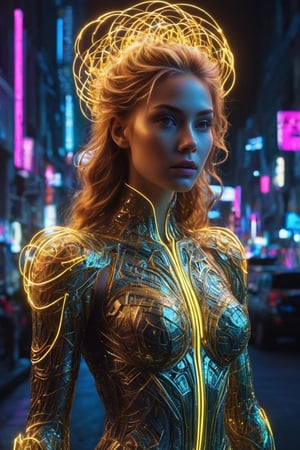 The Neon Wireframe Enchantress of a young alluring goddess. A stunning and evocative epic movie still featuring a futuristic enchantress adorned with a dress and cape made of mesh wireframe in bright neon yellow fibers. The bright goddess with glowing hair intertwined into the futuristic neon background. The lines, an intricate network of shining threads, intertwine forming geometric patterns that glow intensely under the light, creating a hypnotic and electrifying visual effect. The artwork masterfully combines digital rendering with portrait photography, immersing the viewer in a fascinating and technological visual experience. The vibrant contrast between the neon wireframe and the dark, abstract urban landscape background creates a captivating atmosphere that leaves a lasting impression. Adda Barrios' name is prominently displayed, highlighting her extraordinary talent, versatility, and artistic vision, all exhibited in the fields of fashion, ,neon