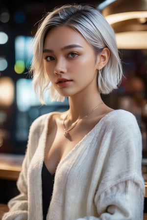 ((masterpiece)), ((best quality)), (((photo Realistic))), (portrait photo), (8k, RAW photo, best quality, masterpiece:1.2), (realistic, photo-realistic:1.3). A beautiful girl with silver hair in an open sweater is leaning on the counter of a night bar, smiling at the camera, photorealistic with a cinematic look featuring a bokeh effect, depth of field with sharp focus on the subject and intricate details in the skin texture, soft lighting with HDR and volumetric light, shot on a Sony A7 III