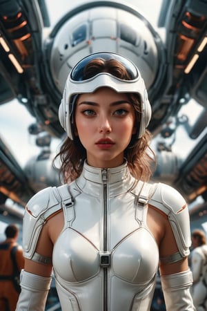 from back side, armed female figure in a white sci-fi suit (tight jumpsuit), at the spaceport, against the background of a sci-fi ship taking off, overcast, mask, sci-fi visor, sci-fi lens, sci-fi respirator, bald head, plate armor, isolated armor, third-person view from below, lots of fine detail, sci-fi movie style, photography, natural textures, natural light, natural blur, photorealism, cinematic rendering, ray tracing, highest quality, highest detail, Cinematic, Blur Effect, Long Exposure, 8K, Ultra-HD, Natural Lighting, Moody Lighting, Cinematic Lighting,xxmix_girl
