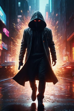 A captivating cinematic illustration of a hooded, mysterious figure in full speed, their identity blurred as they dash towards the viewer. They wield a sleek, futuristic gun, which releases a bullet and a burst of sparks, creating a trail of chaos and destruction in their wake. The background portrays a dark, gritty urban landscape, with neon lights reflecting off the wet pavement, amplifying the sense of danger and high stakes. The vibrant colors and intense atmosphere create a suspenseful, poster-worthy scene that captivates the audience., poster, vibrant, cinematic, great illustration design