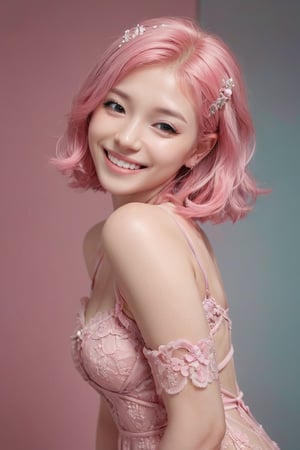 A young alluring woman wearing pink hair in a transparent hollow pink lace dress, in the style of hyperrealism and photorealism,she is at the seductive bending pose, UHD image, soft-focused realism, pastel color, babycore, gentle smile,better photography,dal